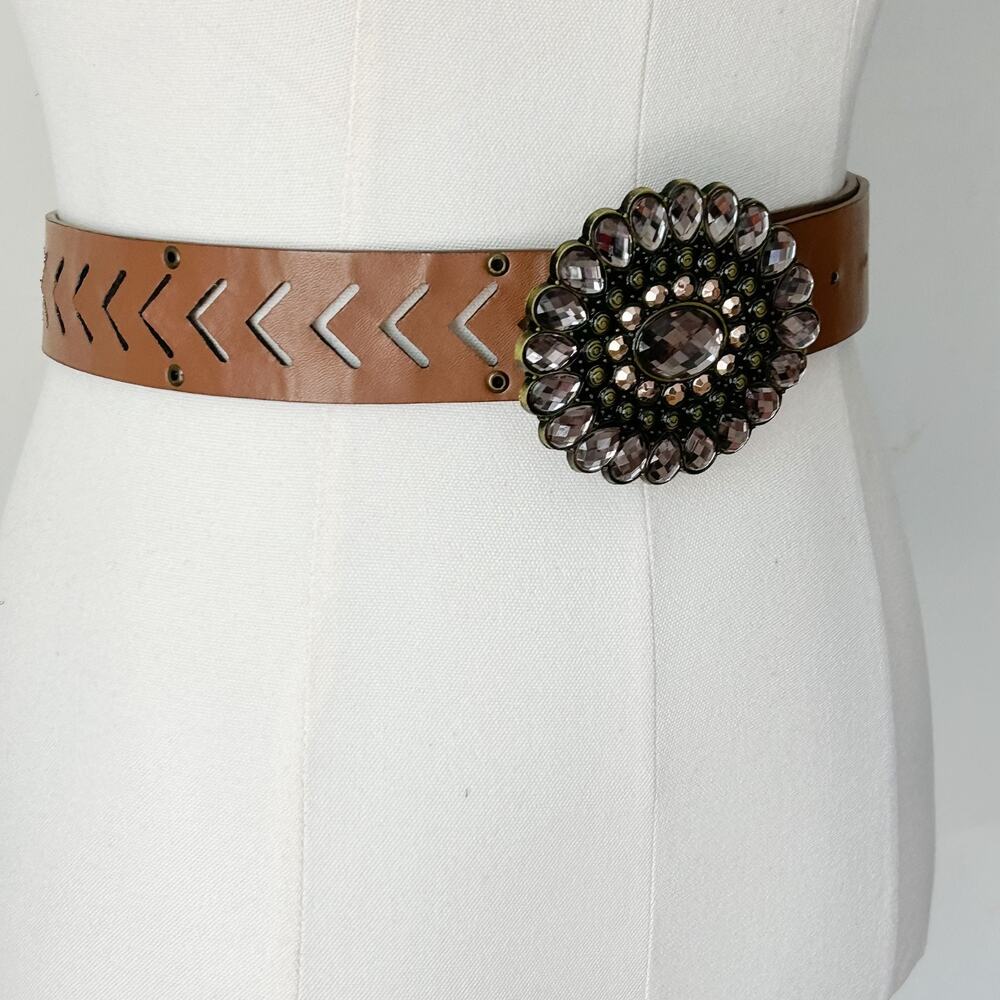 Womens Y2K Brown Faux Suede Statement Belt Size‎ 7 Round Jeweled Buckle Western